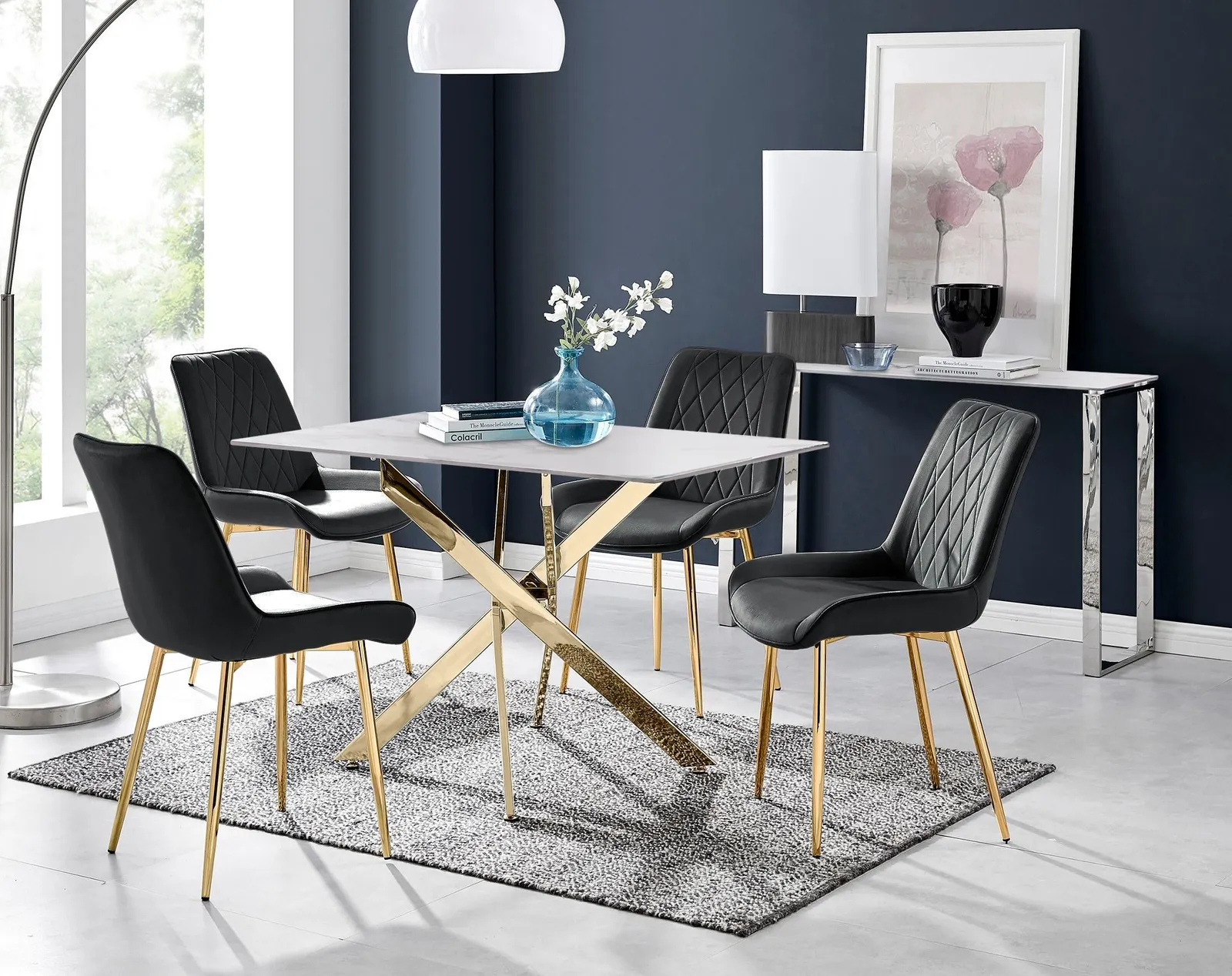 FurnitureboxUK Leonardo White Glass Marble Effect Gold Leg Table & 4 Pesaro Gold Leg Chairs in Black