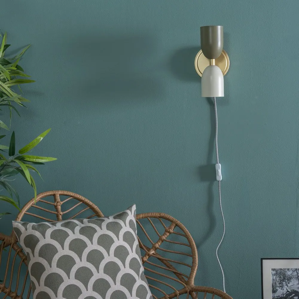 ValueLights Plug In Gold Up & Down Wall Light with Khaki & Cream Shades
