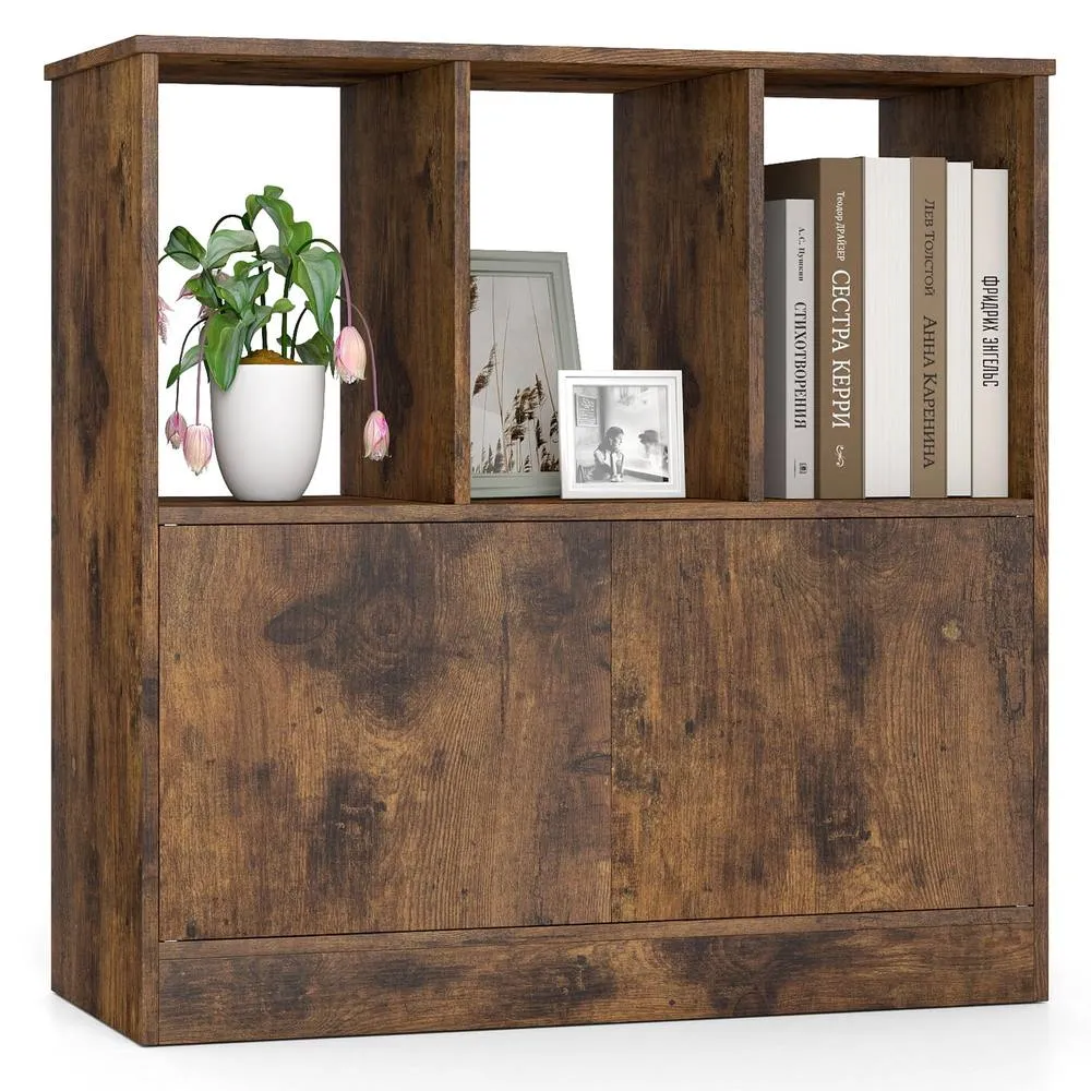 Costway 3-Cube Bookcase 3-Tier Bookshelf w/Cabinet Modern Storage Organizer in Brown