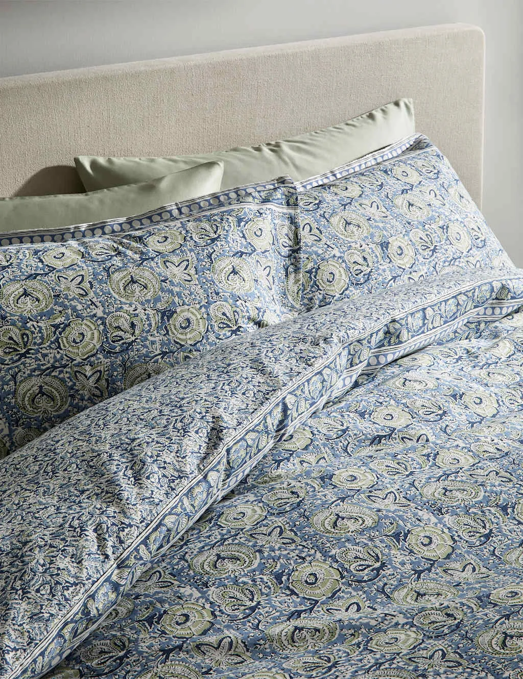 M&S Pure Cotton Woodblock Floral Bedding Set Blue Mix
