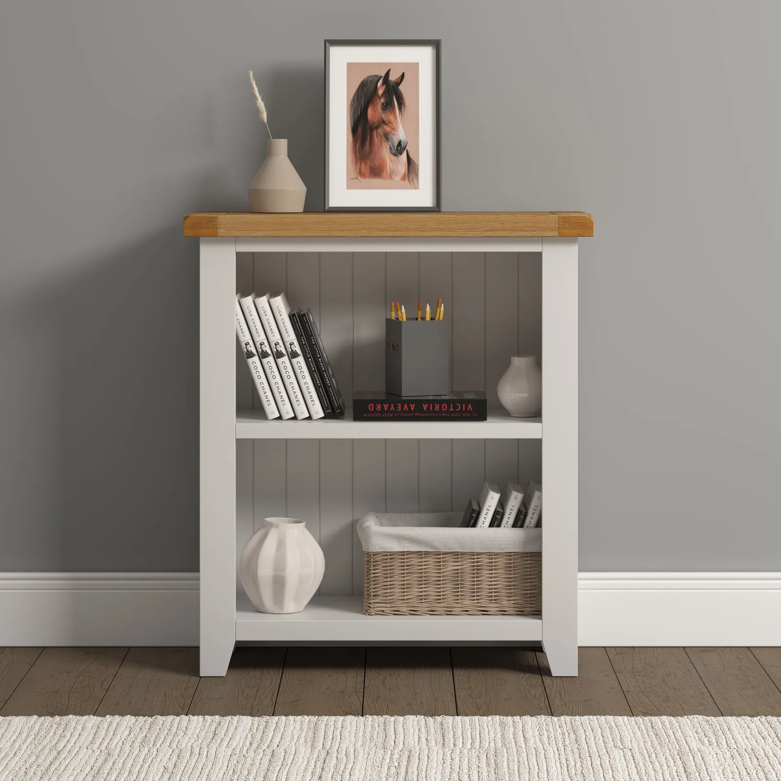 Seconique Windsor Natural Oak Low Bookcase (Fully Assembled) in Ivory