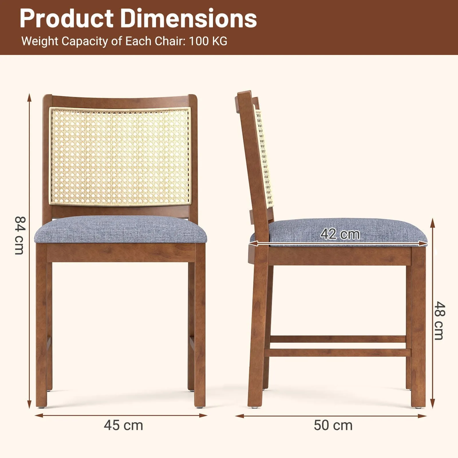 Costway Rattan Dining Chair Set of 2 Wooden Upholstered Kitchen Chairs-Brown in Brown 2