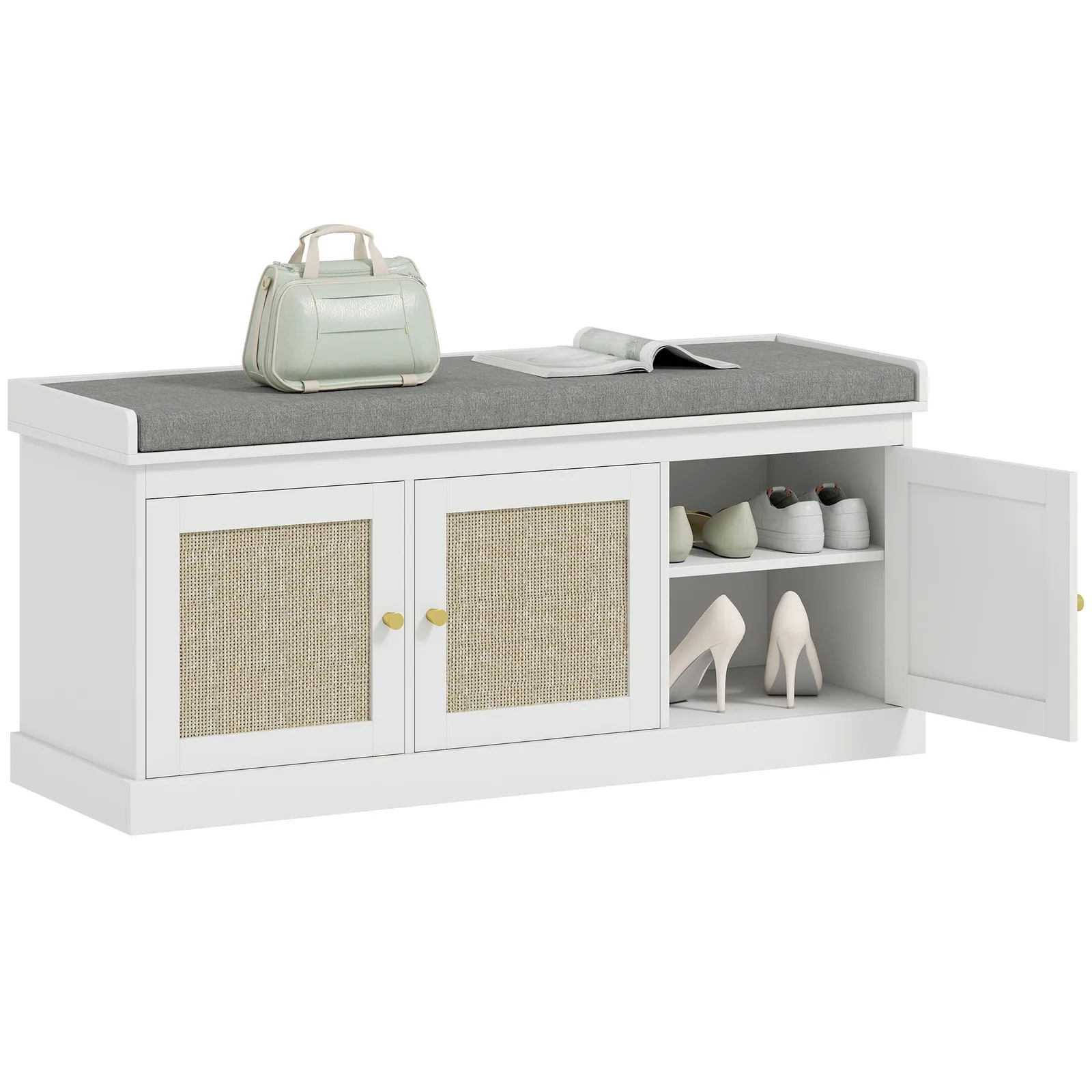 HOMCOM Shoe Storage Bench with Rattan Doors, Cushion, Entryway Shoe Bench in White 2