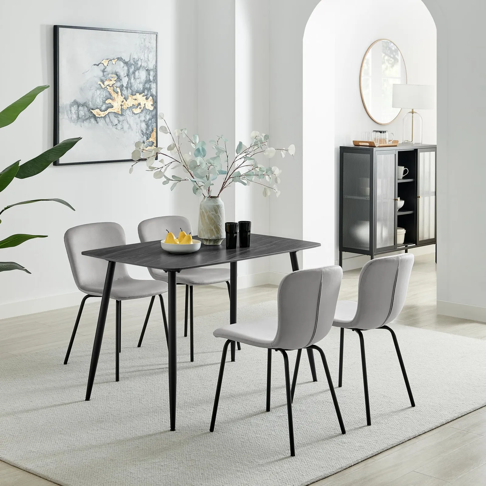FurnitureboxUK Asti Grey Marble Ceramic Top Dining Table & 4 Black Asti Chairs