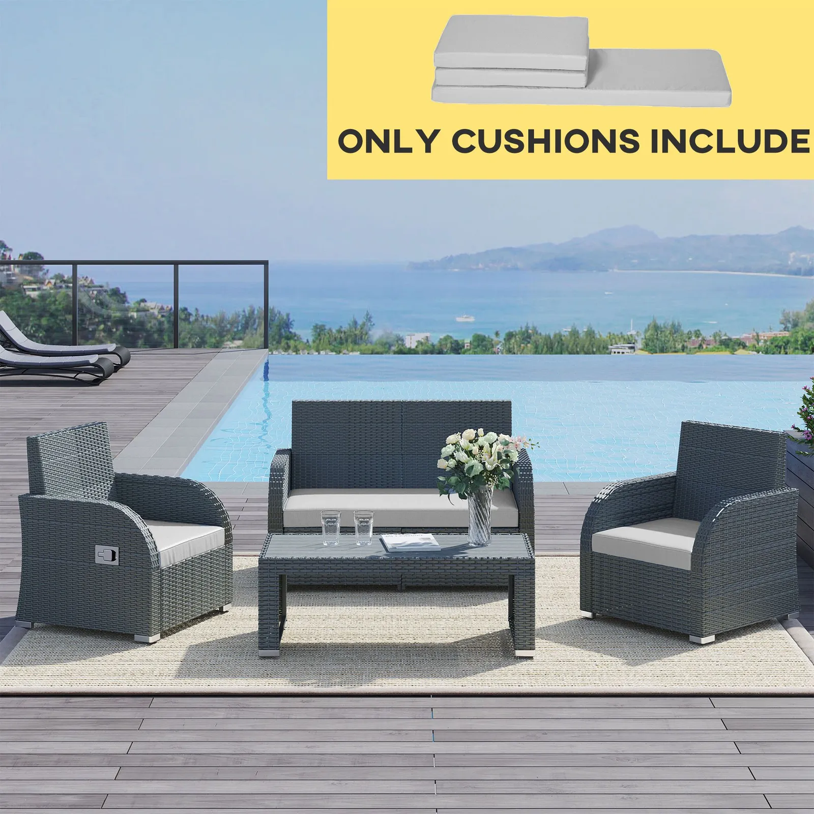 OUTSUNNY 3PCs Rattan Garden Seat Cushions Pads for Patio Furniture in Grey