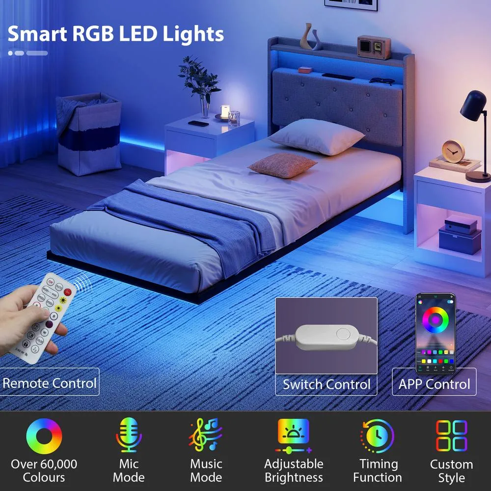 HOMCOM Floating Bed Frame with RGB Lights, Upholstered Bed Frame, Grey 5