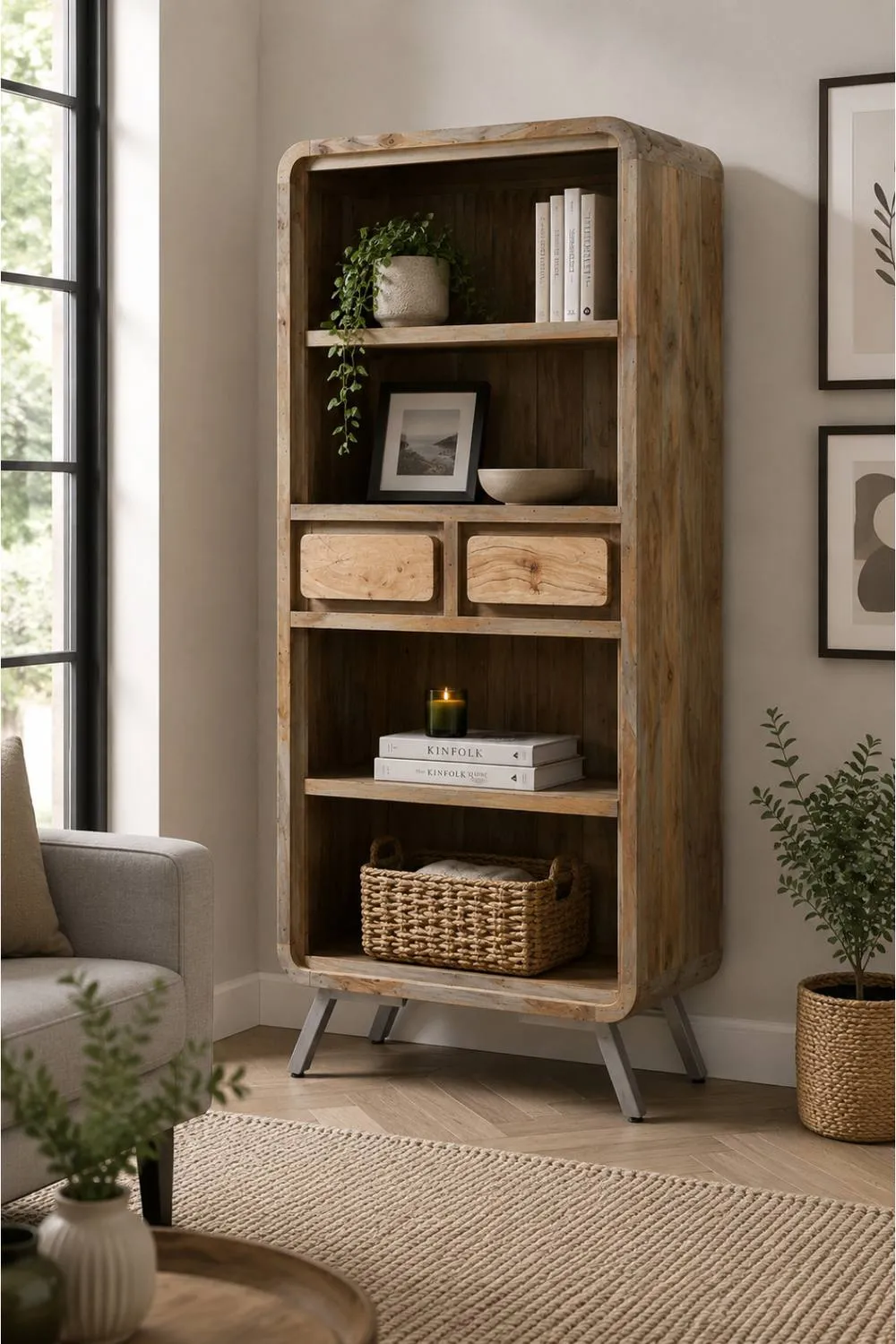 IH Design Auckley Two Tone Wood & Metal Wide Bookcase With 2 Drawers in Brown