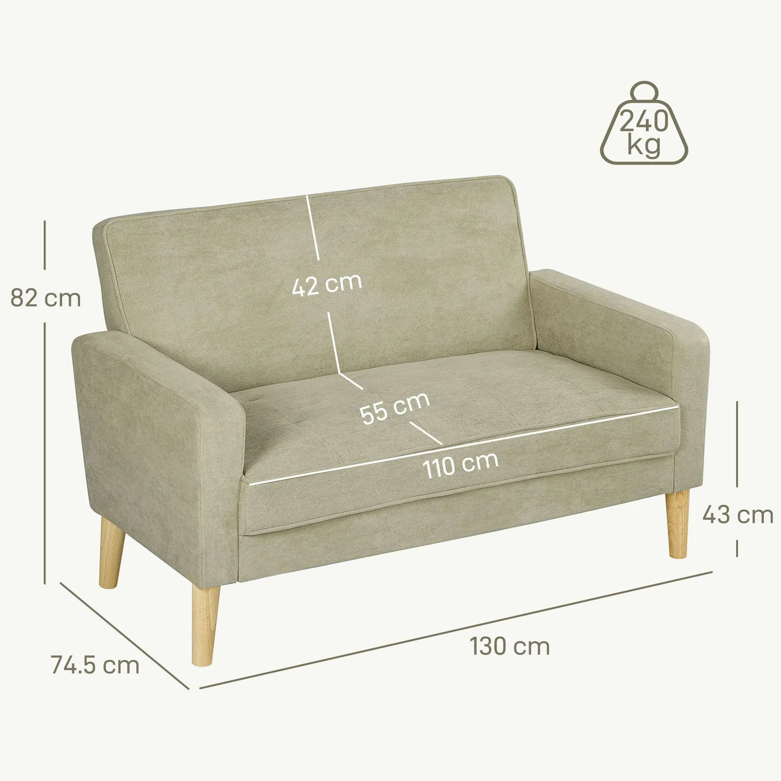HOMCOM 2 Seater Sofa, Velvet Upholstered Loveseat for Small Space in Beige 3