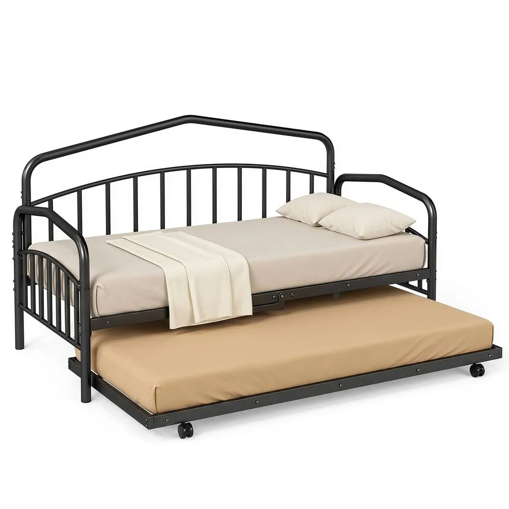 Costway Single Daybed with Rolling Pull Out Trundle No Box Spring Needed in Black 6