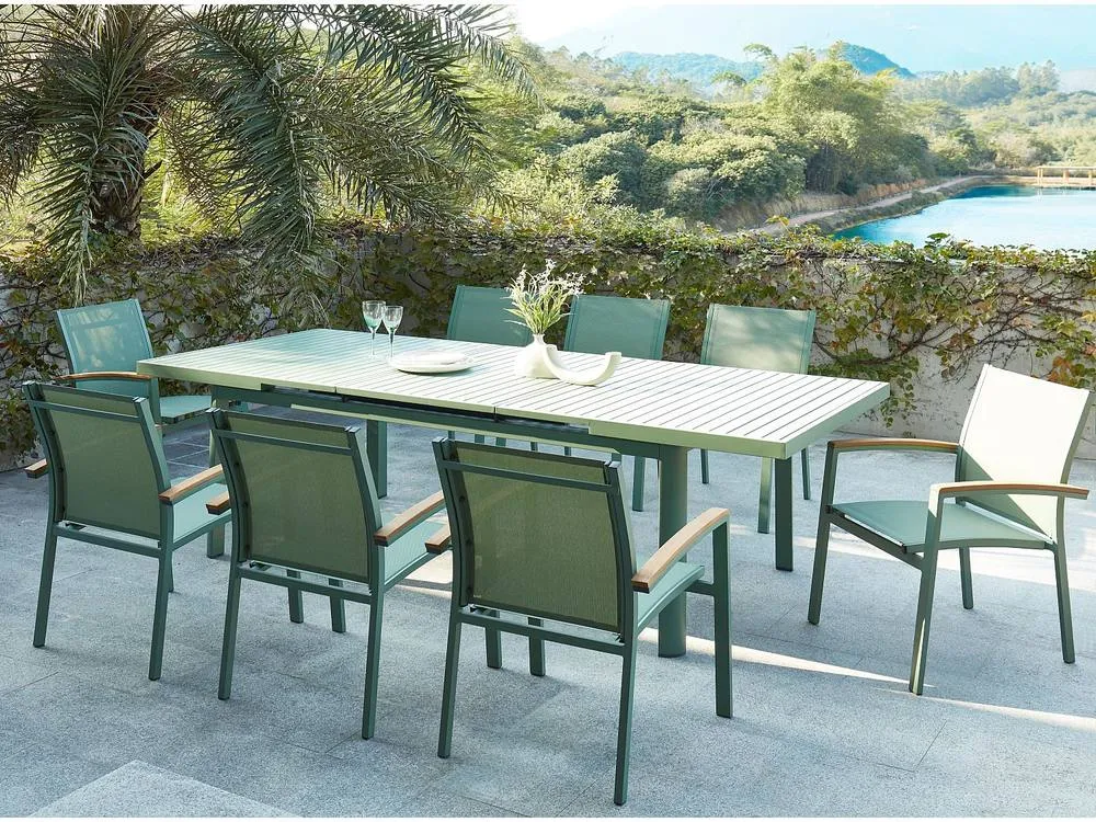 Vente-unique Aluminium Garden Dining Room : One Extendable Table 180/240Cm & 8 in Green