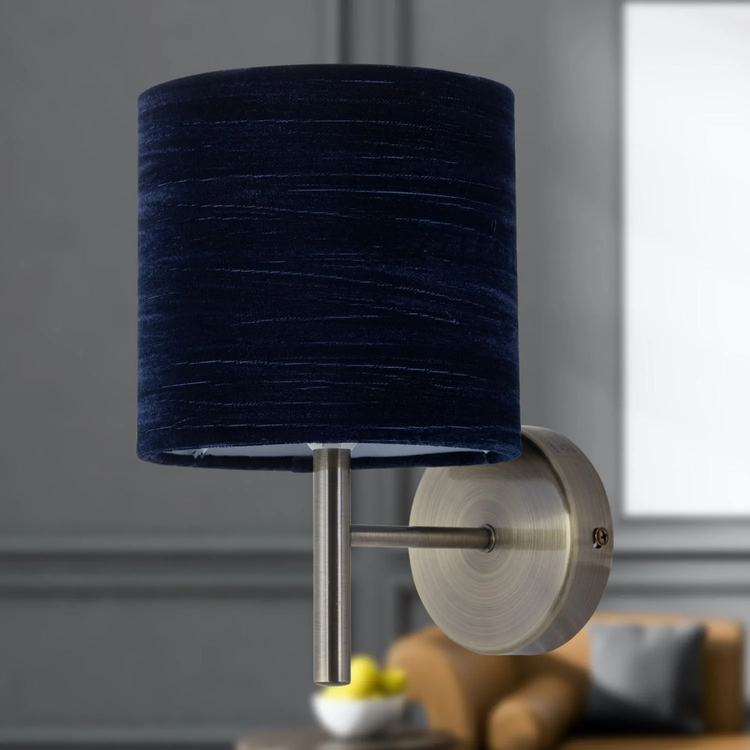 First Choice Lighting Brea - Antique Brass Wall Light with Navy Blue Crushed Velvet Shade in Gold 4