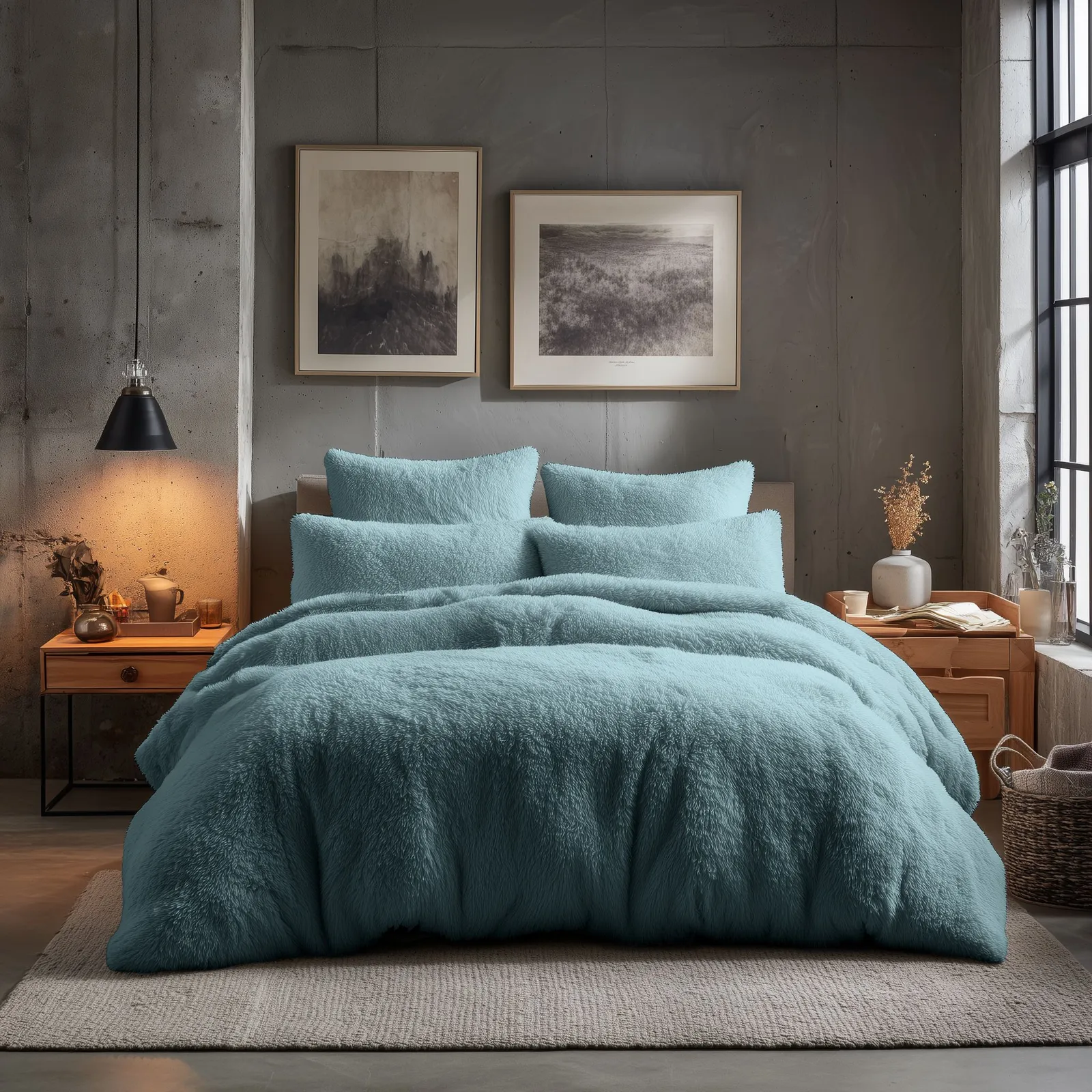 Snug City Teddy Bear Fleece Soft Cosy Duvet Cover + Pillow Case Set in Duck Egg Blue