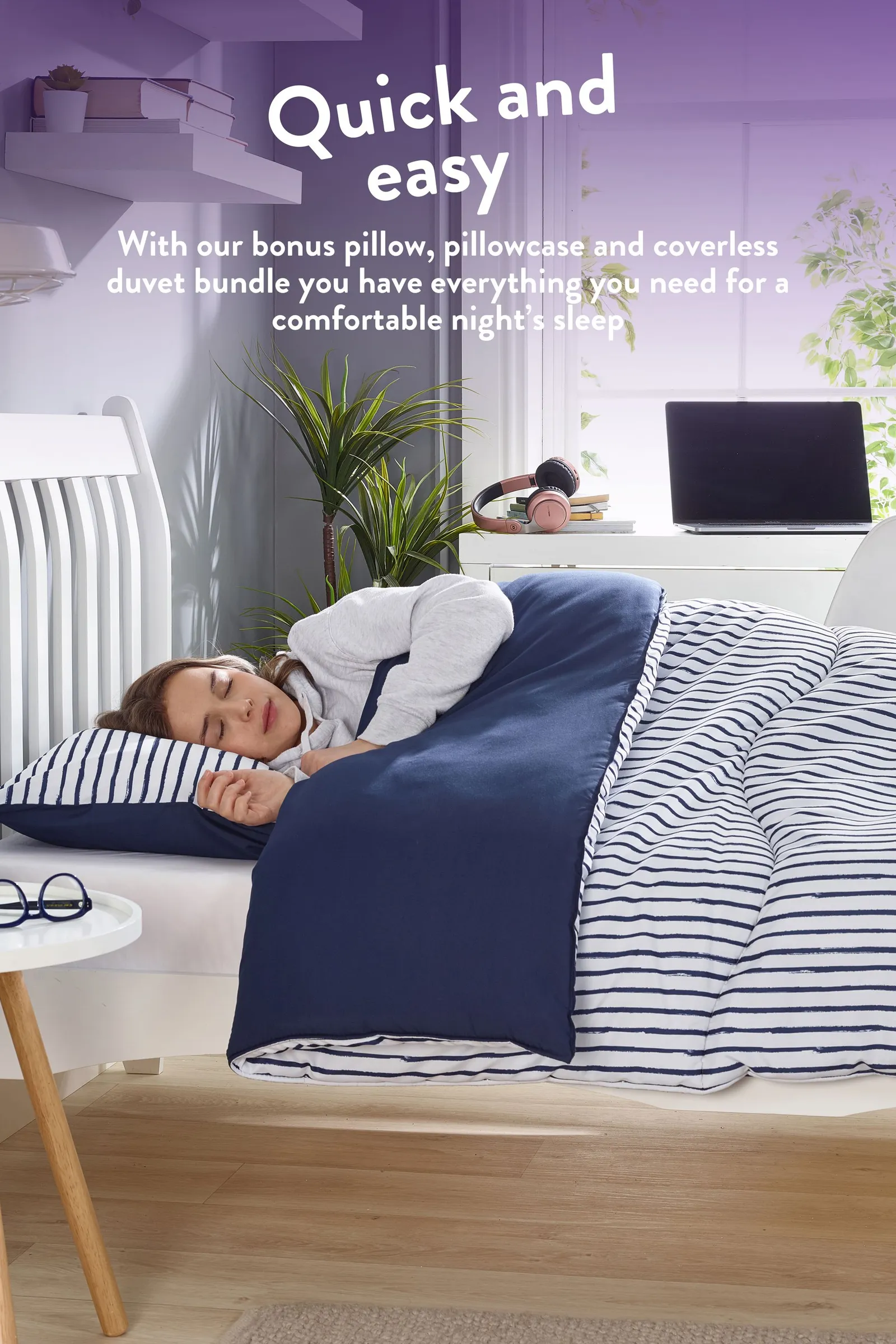 Slumberdown Back to Uni Printed Stripe Navy 10.5 Duvet, 2 Medium Pillows 2