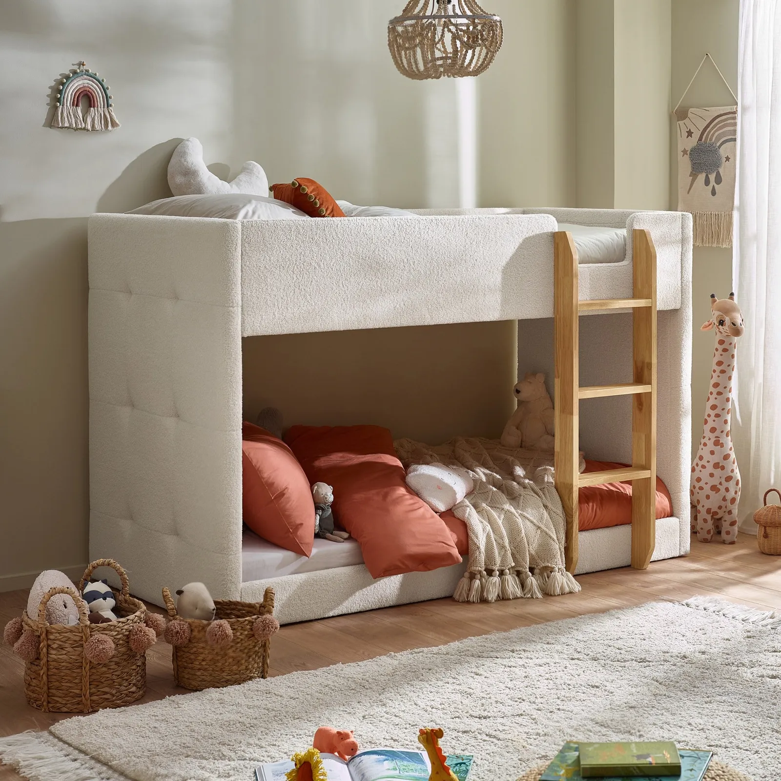 Bring some softness and warmth to your child's bedroom with the Teddy Cream Boucle Fabric Bunk Bed. Shop with fast delivery and 0% interest finance now.