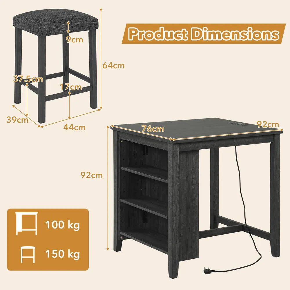 Costway 3PCS Bar Table Set Kitchen Dining Table w/ 2 Stools & Power Outlet in Black 2