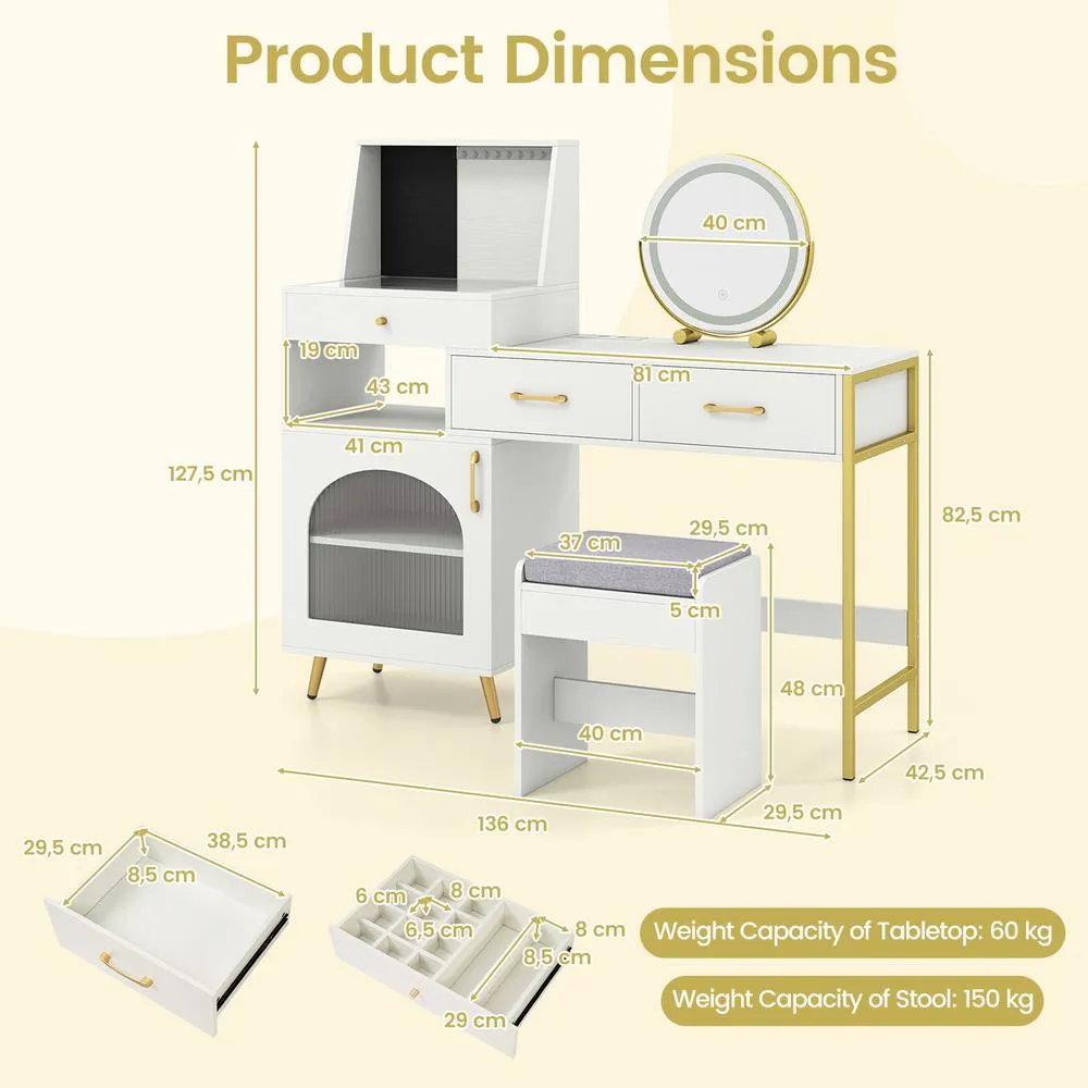 Costway Vanity Desk Set w/ Mirror & Lights Makeup Dressing Table w/ Stool in White 2