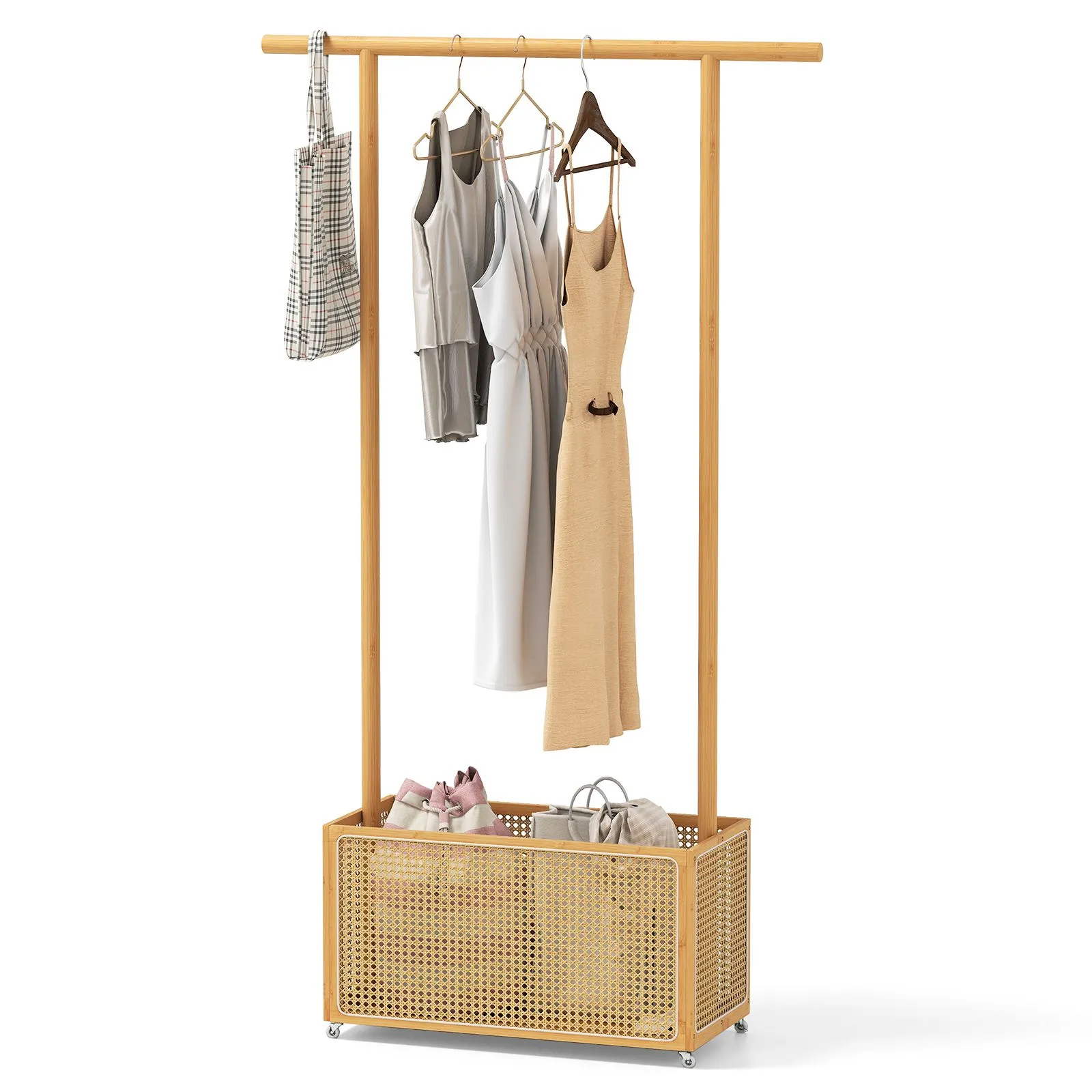 Costway Bamboo Clothes Rack Coat Hanger Stand with Rattan Storage Basket in Natural