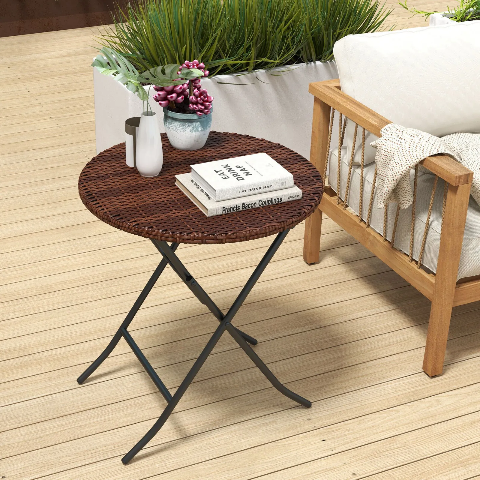 OUTSUNNY Foldable Outdoor Coffee Table, Metal Frame PE Rattan Side Table, Mixed Brown
