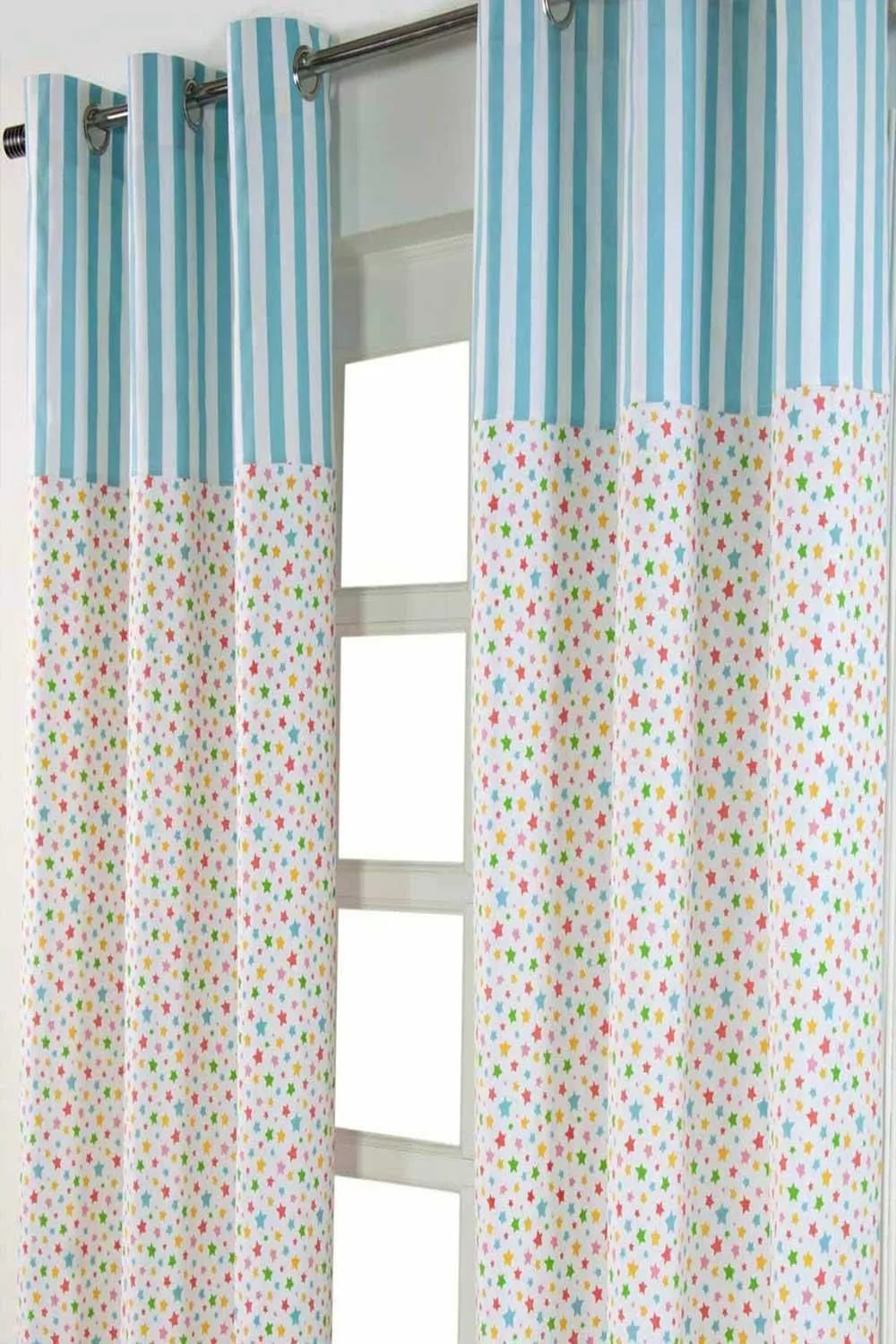 Homescapes Cotton Multi Stars Ready Made Eyelet Curtain Pair in Blue 2