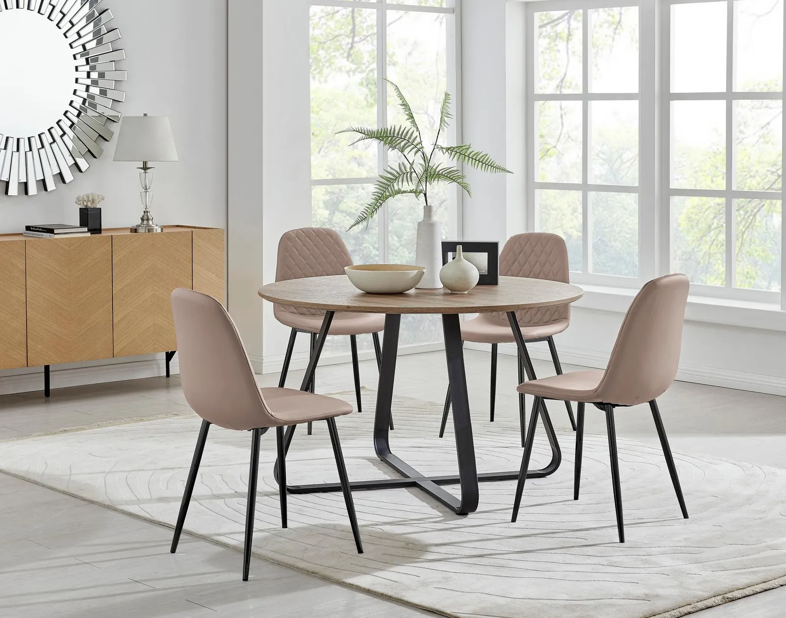 FurnitureboxUK Santorini Brown Round Table & 4 Corona Black Leg Chairs in Beige