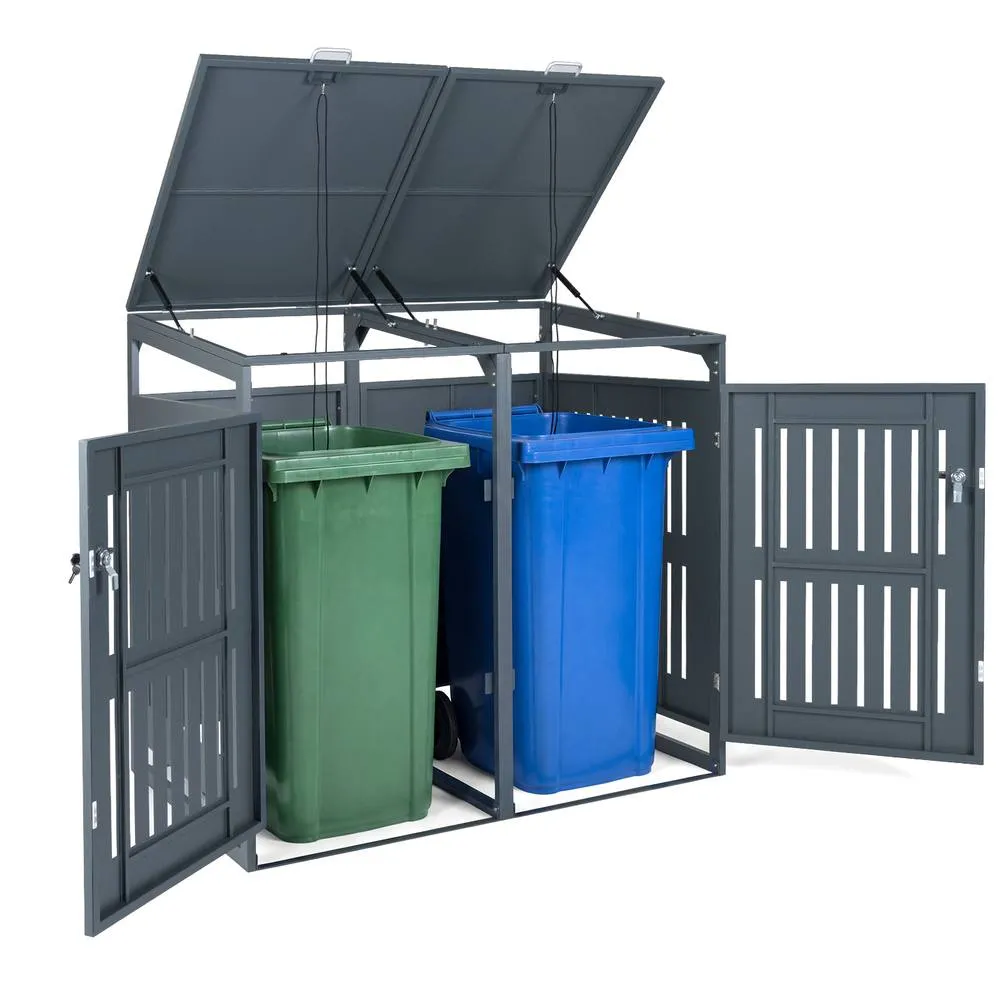 Costway Outdoor Trash Can Storage Shed for 2 Bins Metal Garbage Can Organizer in Grey 3