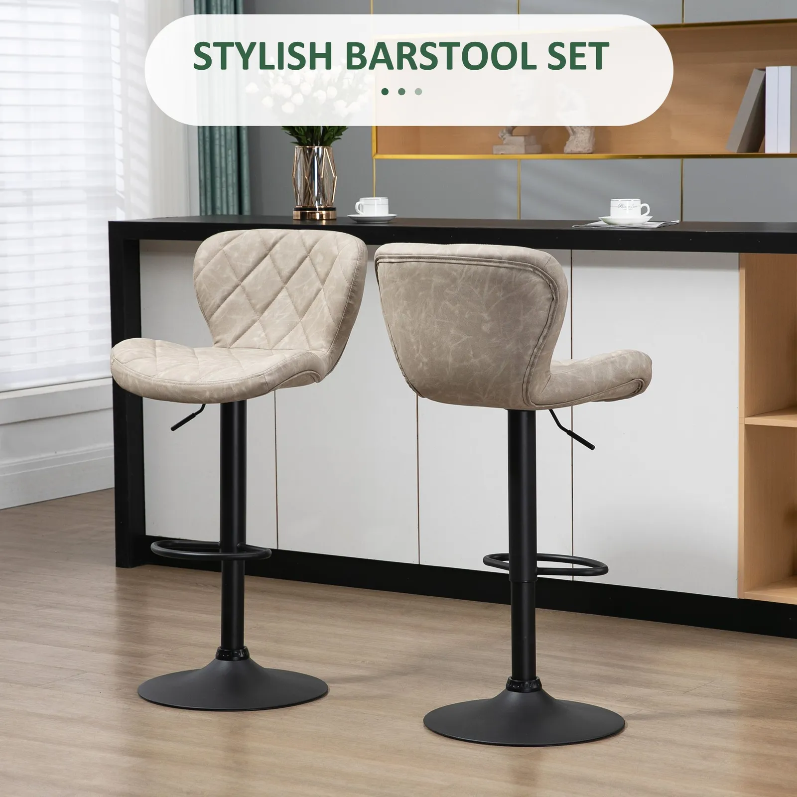 HOMCOM Bar Stools Set of 2 Swivel Barstool W/ Footrest Gas Lift for Kitchen in Khaki 4