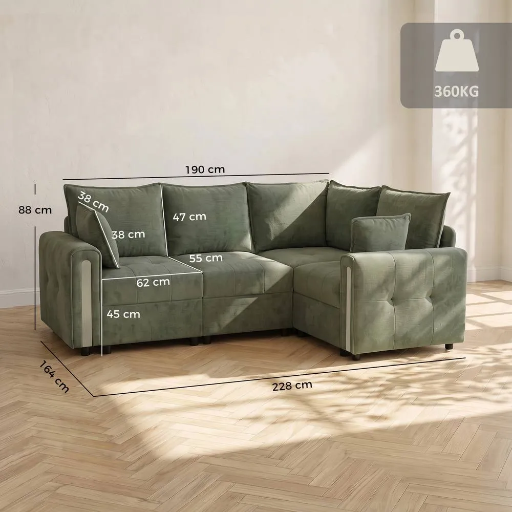 HOMCOM 228cm L Shaped Sofa 3-Seater Sectional Sofa with Storage in Dark Green 3
