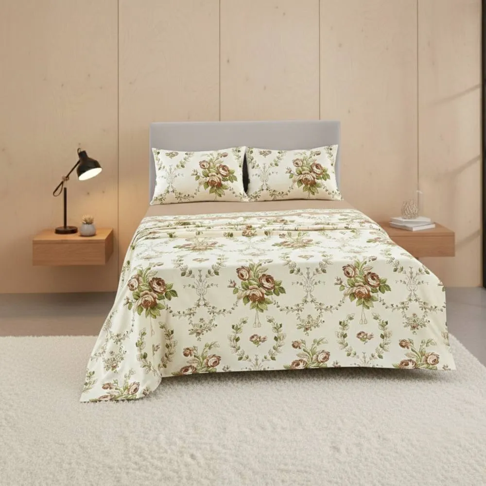Snug City Soft Floral Brushed Cotton Fitted Flat Sheet & Matching Pillowcases in Natural
