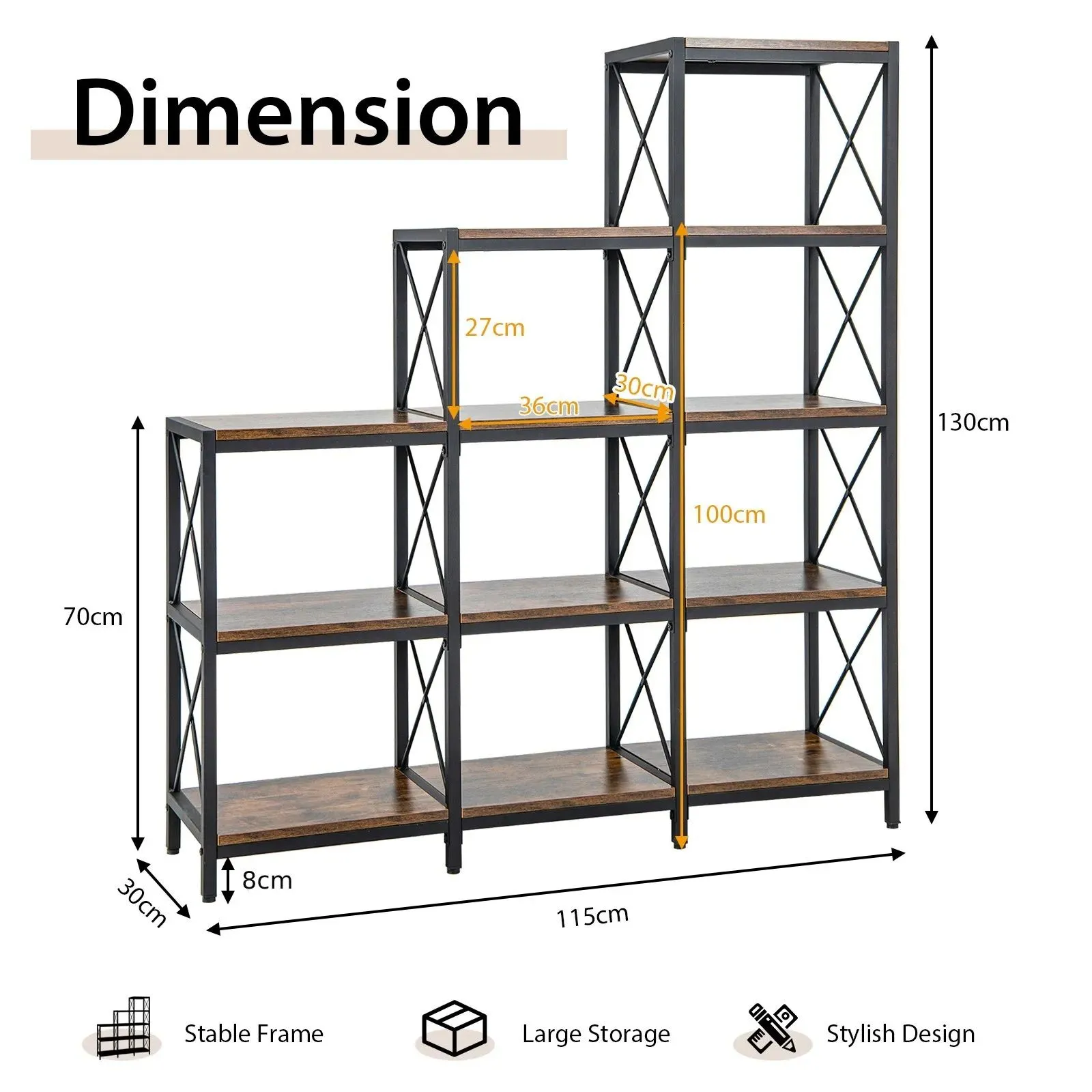 Costway Wooden 9 Cube Bookcase 5 Tier Open Storage Cabinet Free Standing Anti-toppling in Brown 2