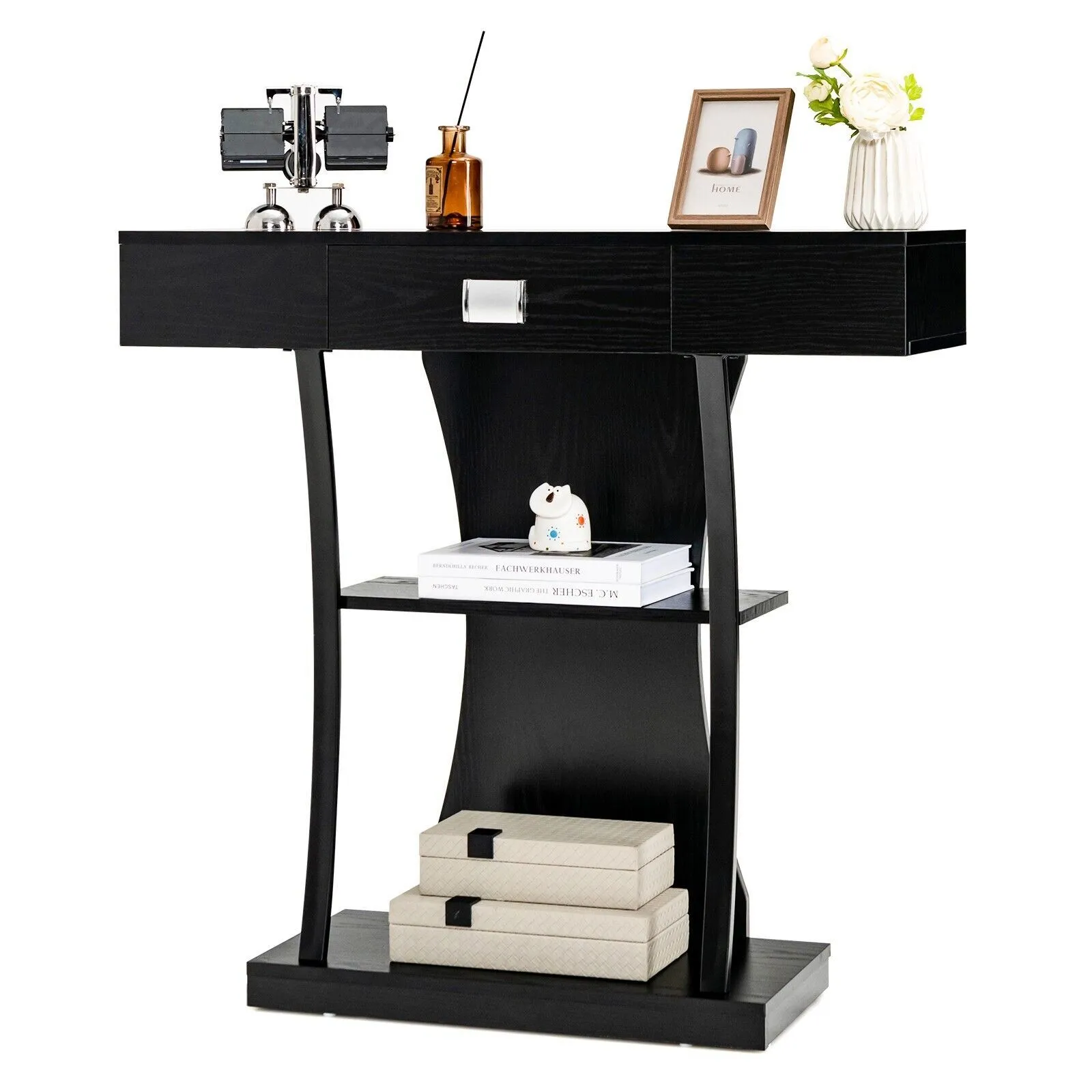 Costway T-Shaped Industrial Console Table Narrow Sofa Side Table Entryway Display Shlves in Black
