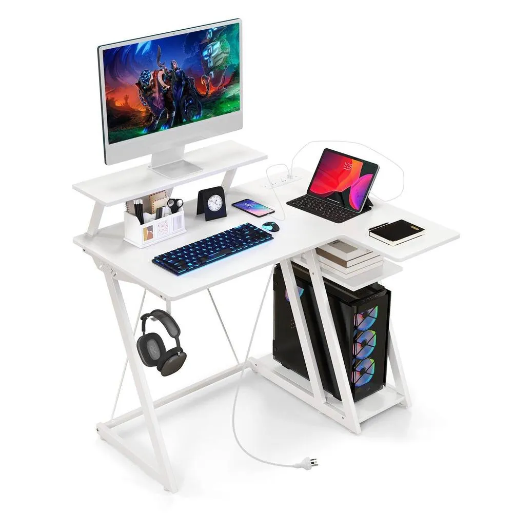 Costway Writing Workstation with Monitor Shelf Headphone Hook Storage Shelf in White 2