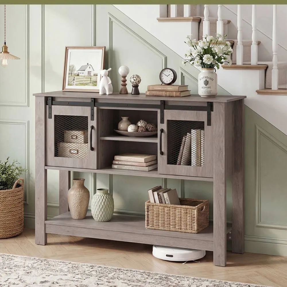 Costway Entryway Table w/ Barn Sliding Doors Console Table w/ Adjustable Shelf in Grey 4