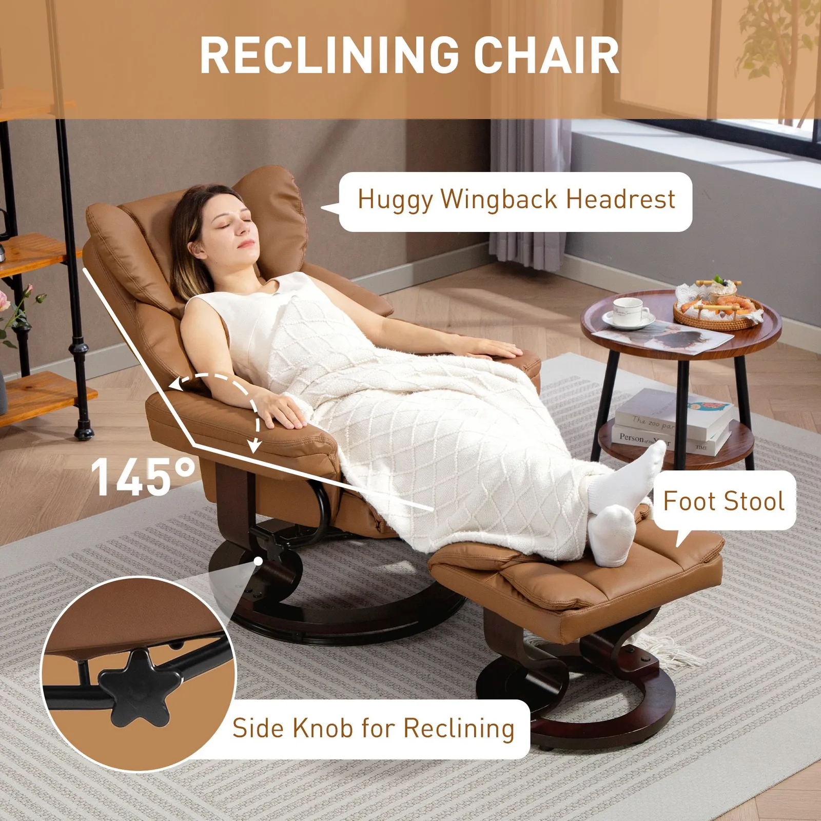 HOMCOM PU Leather Manual Reclining Armchair Footstool Padded Seat Brown 4