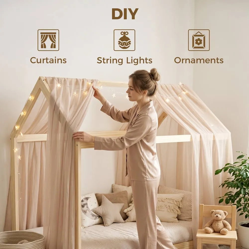 HOMCOM Wooden Single Bed Frame with Tree House Style, Natural Wood Finish 5