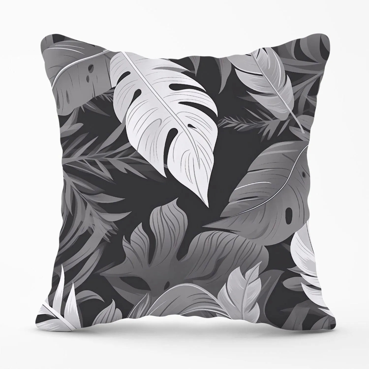 Warren Reed - Designer Black White Tropical Leaves Outdoor Cushion in Grey