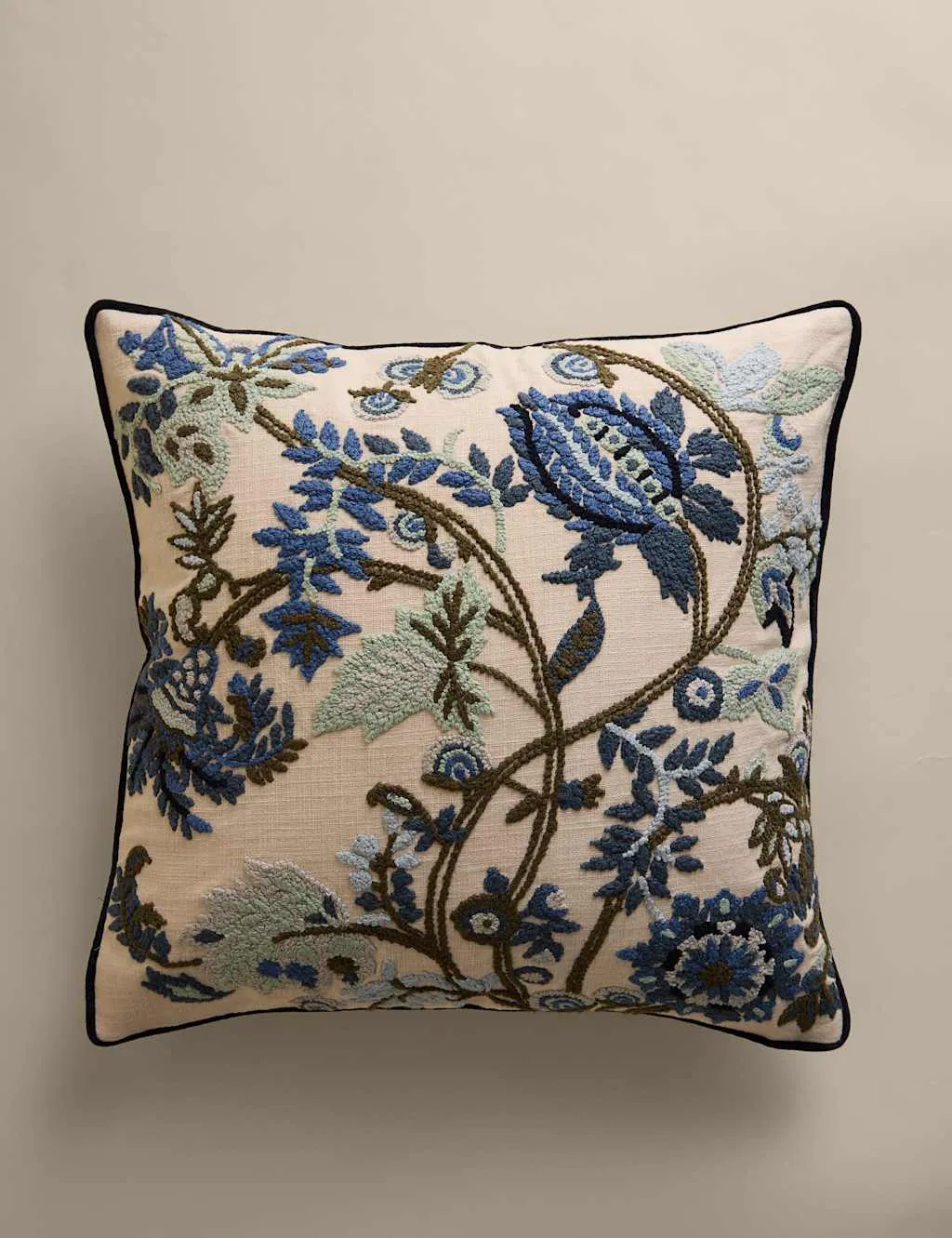 M&S Pure Cotton Floral Embroidered Cushion Blue Mix
