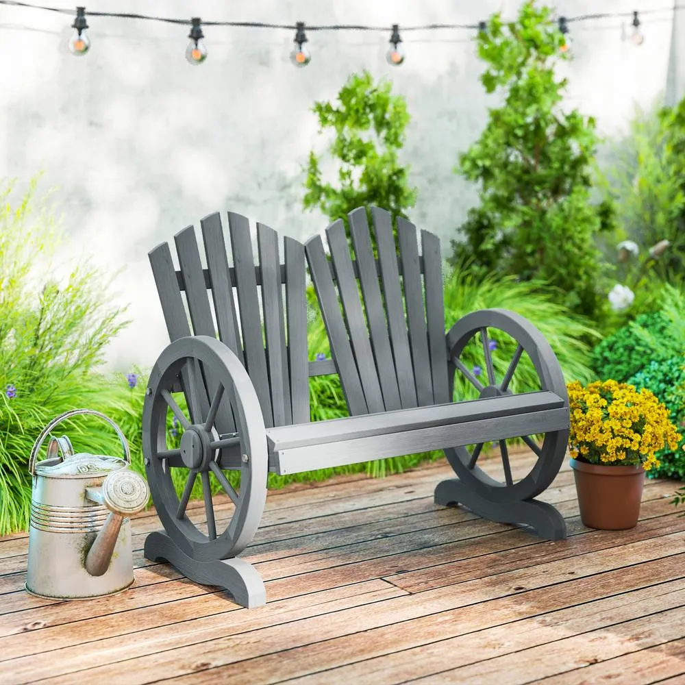 OUTSUNNY 2 Seater Garden Bench w/ Wheel-Shaped Armrests Grey