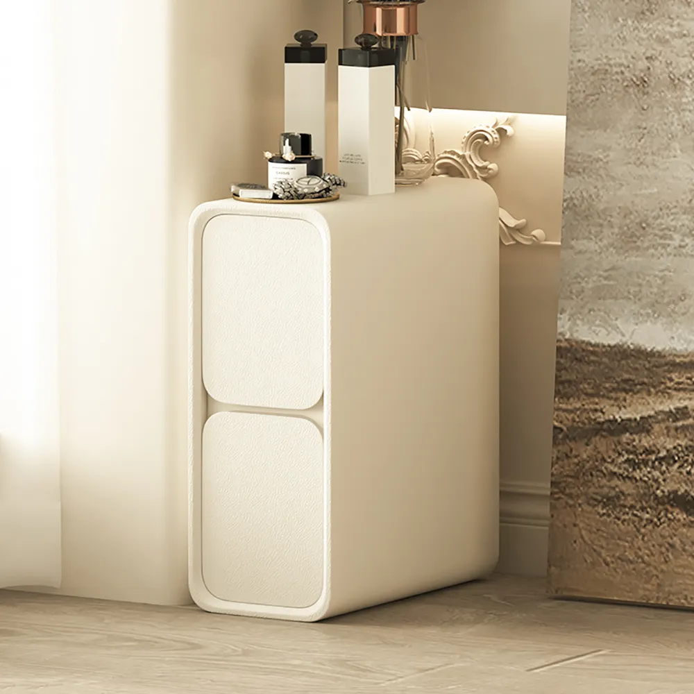Modern Narrow Off-White Nightstand 2-Drawer Small Bedside Table with PU Leather Set of 2
