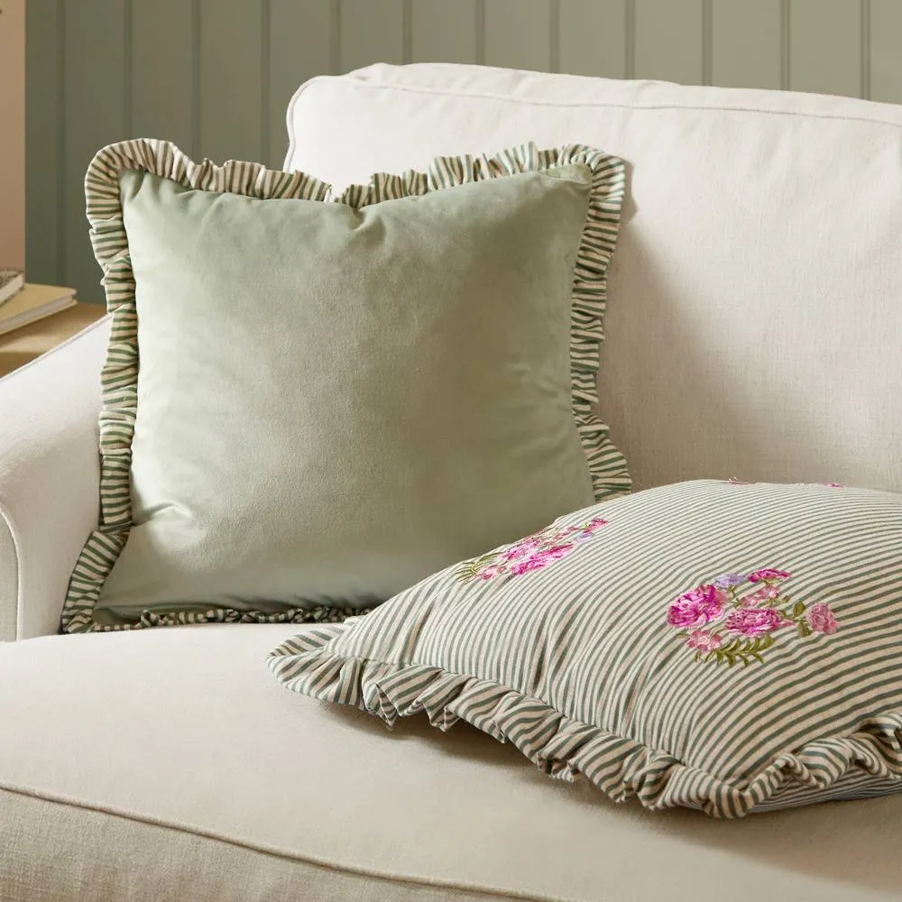 Wylder Martha Embroidered Ruffle Cushion in Pale Green 6