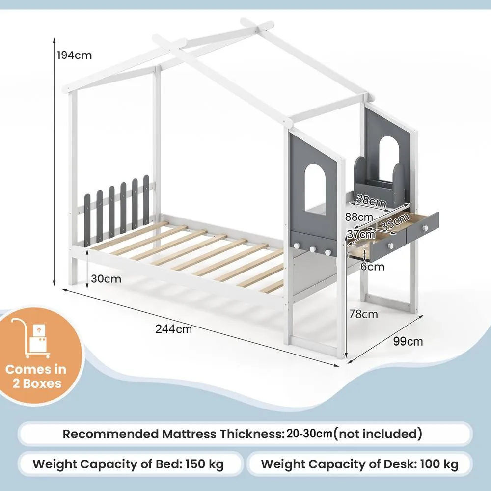 Costway Single House Bed Wood Montessori Bed Frame Playhouse Bed w/Desk in White 2