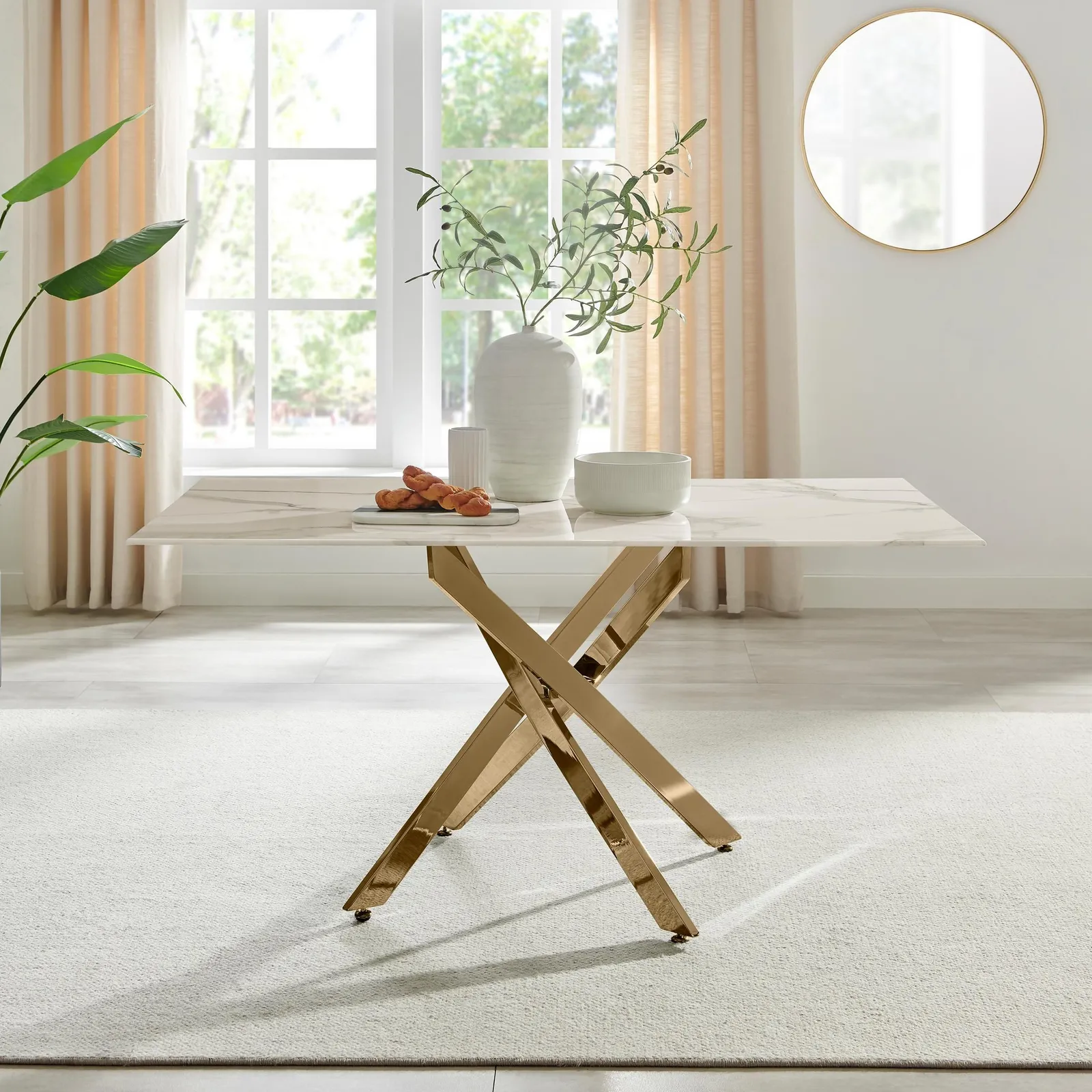 FurnitureboxUK Leonardo 6-Seater Dining Table With Marble Effect Glass Top & Gold Metal Legs in White