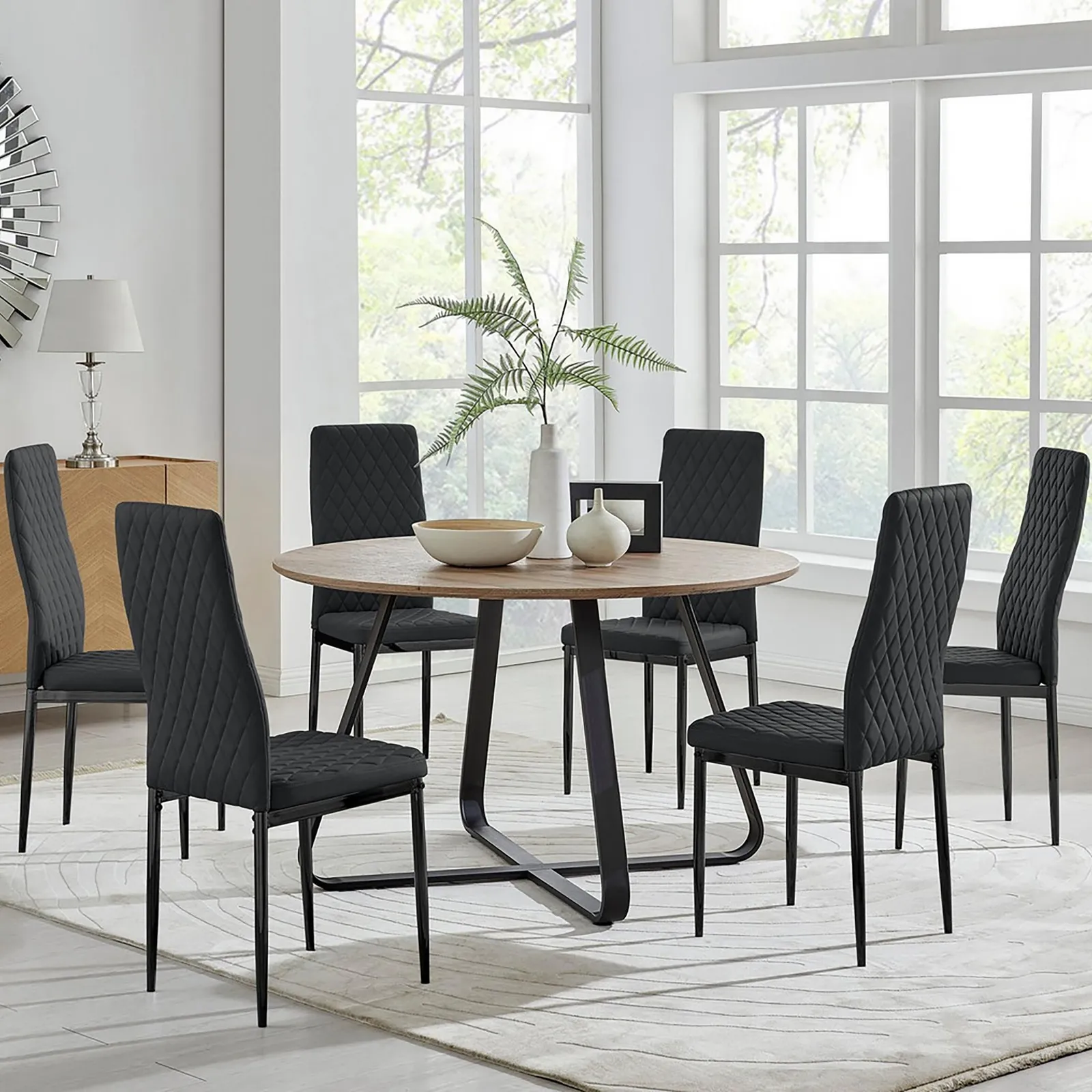 FurnitureboxUK Santorini Brown Round Dining Table & 6 Milan Black Leg Chairs 1