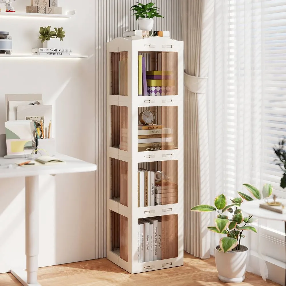 Costway 4-Tier Foldable Rotating Bookshelf Revolving Bookcase Display Shelf in White 4