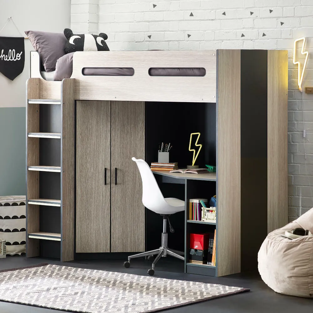 Hercules - Single - Kids High Sleeper - Desk - Wardrobe and Storage - Oak and Dark Grey - Wooden - 3ft - Happy Beds 1