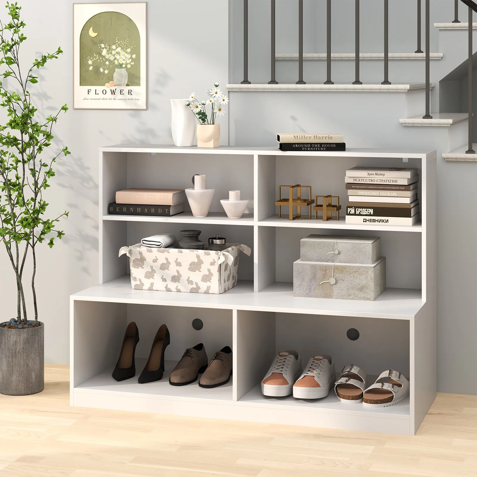 Costway Entryway Shoe Cabinet 2-in-1 Storage Cabinet & Shoe Bench Combo in White 3