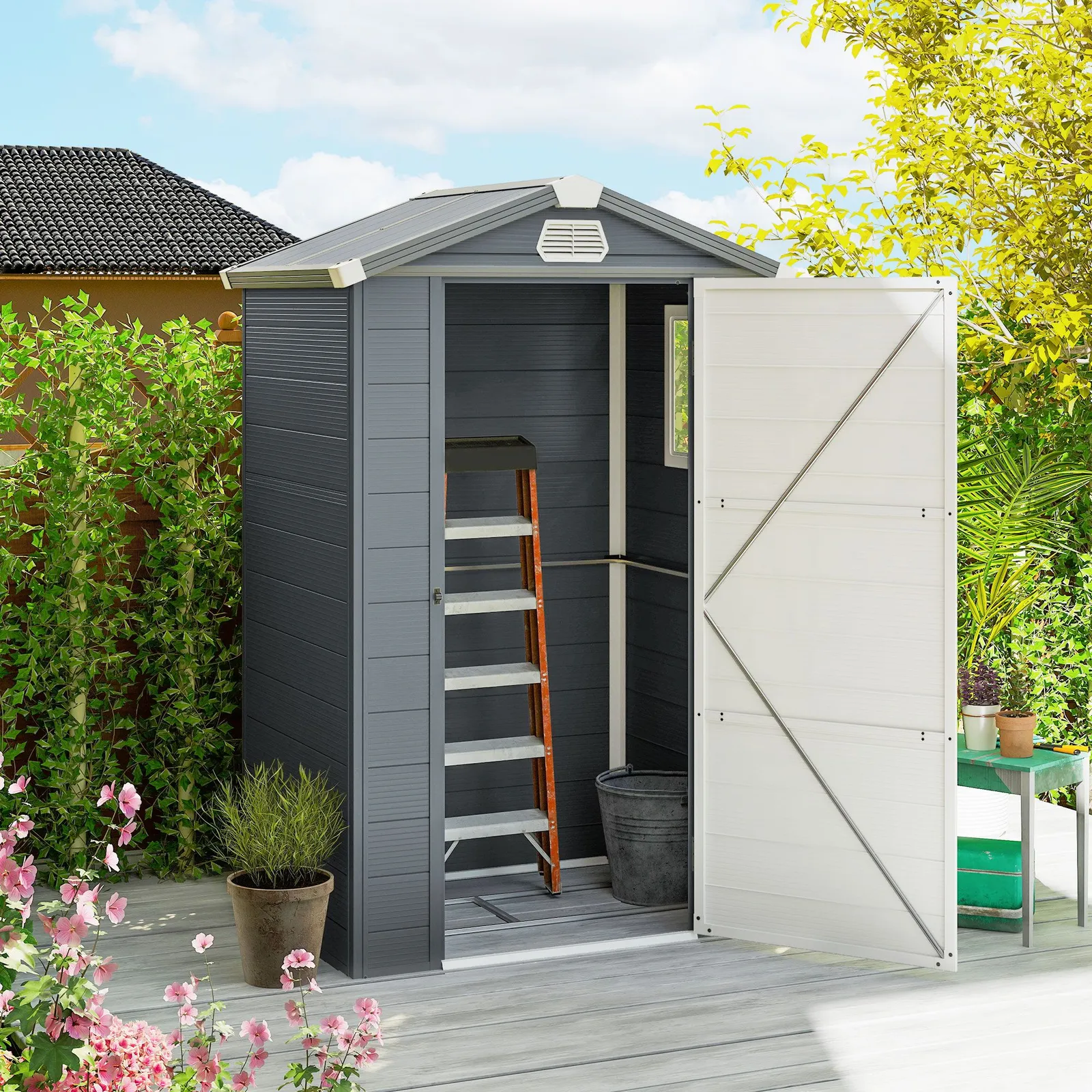 OUTSUNNY 4 x 3ft Garden Shed Storage with Foundation Kit & Vents in Dark Grey