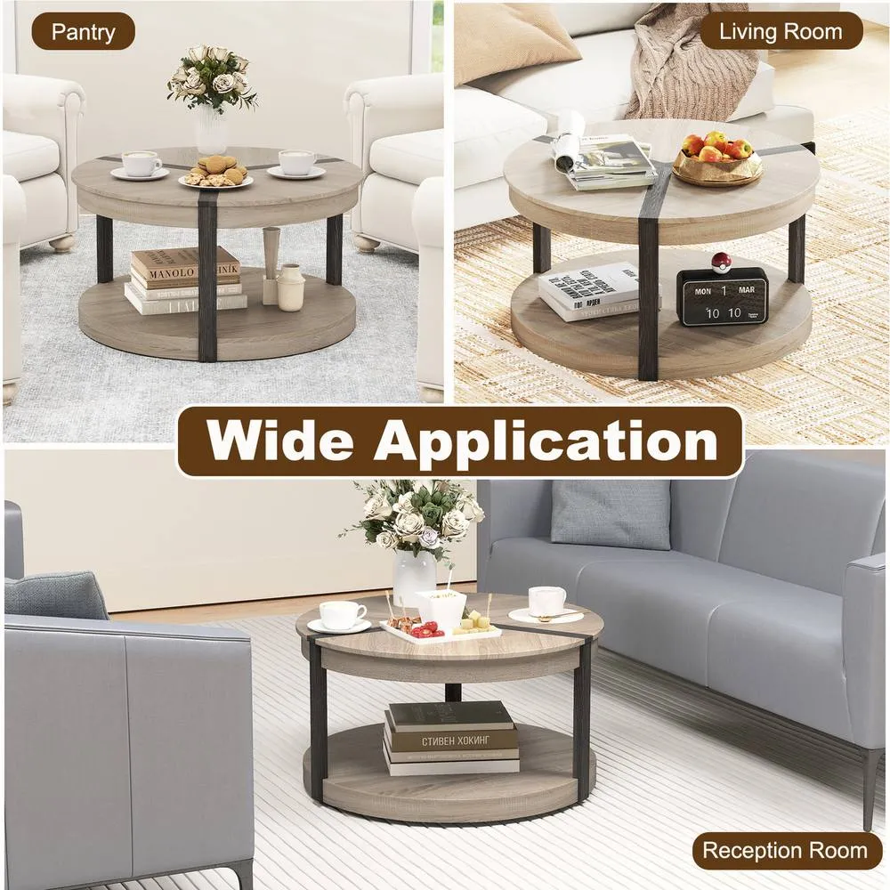 Costway 2-Tier Round Coffee Table 88CM Rubber Wood Center Table w/Shelf-Oak in Light Oak 3