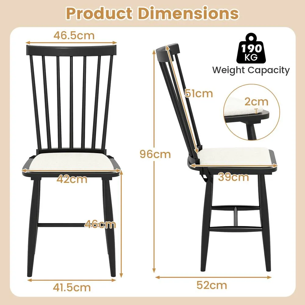 Costway 2PCS Windsor Dining Chair Wooden Chairs w/ Removable Seat Cushion in Black 2