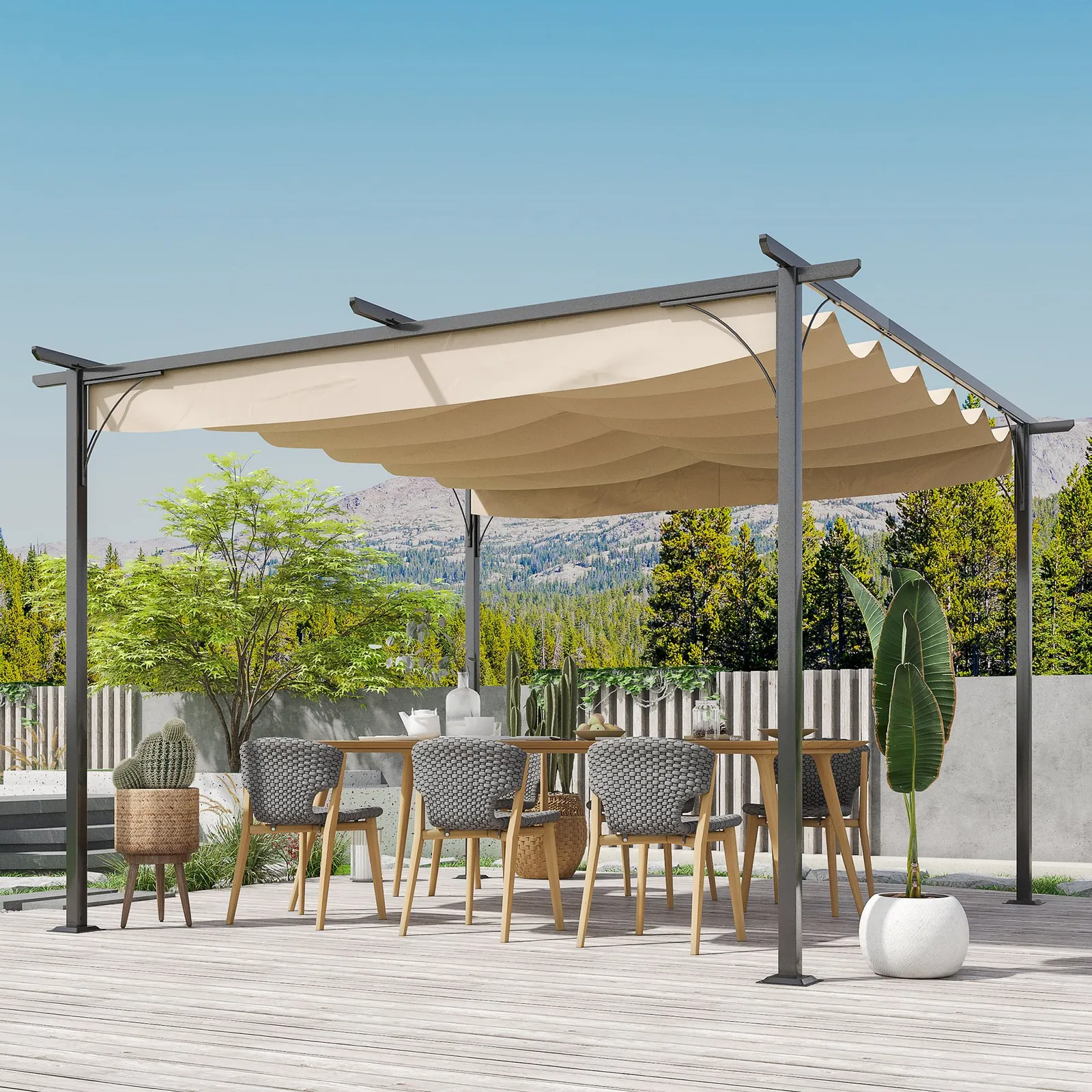 OUTSUNNY 3.5 x 3.5M Steel Pergola Gazebo Backyard Porch Awning Retractable Canopy in Beige