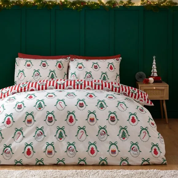 Catherine Lansfield Christmas Vintage Stripe Polycotton Duvet Cover & Pillowcase Set 2